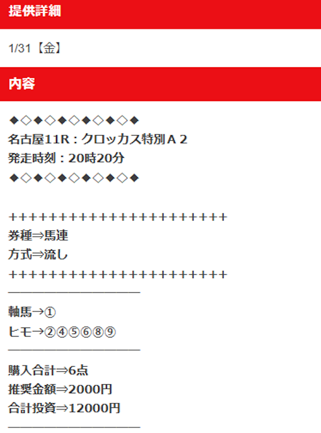 穴馬ch25の無料予想2025年1月31日名古屋11R