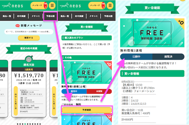 ネオスの無料予想の確認フロー